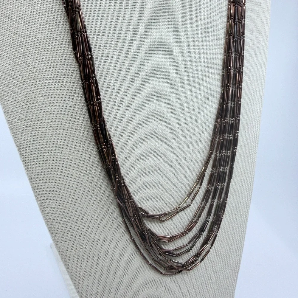 Bronze Tone Bugle Bead Multi Strand Necklace Layered Boho Statement Jewelry